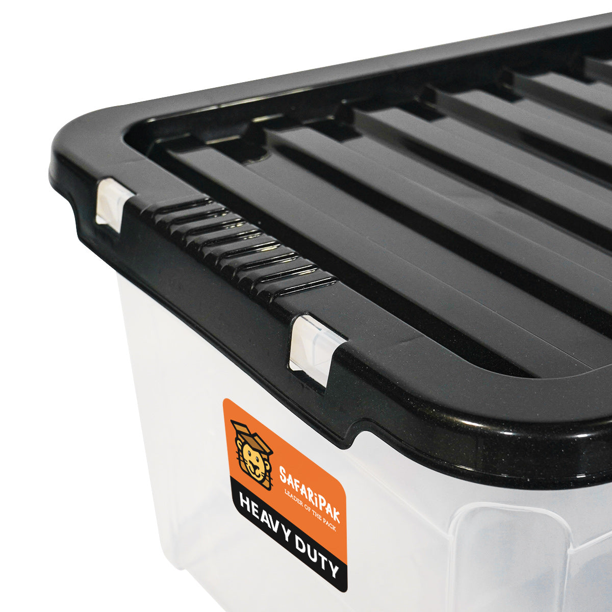 Heavy-duty storage bin with black lid and Safari Pak logo on a white background
