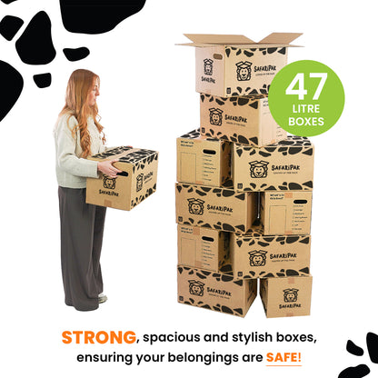 Woman stacking cardboard moving boxes with a visible brand logo, text about box features, and a green circle with '47 Litre Boxes' on a white background.