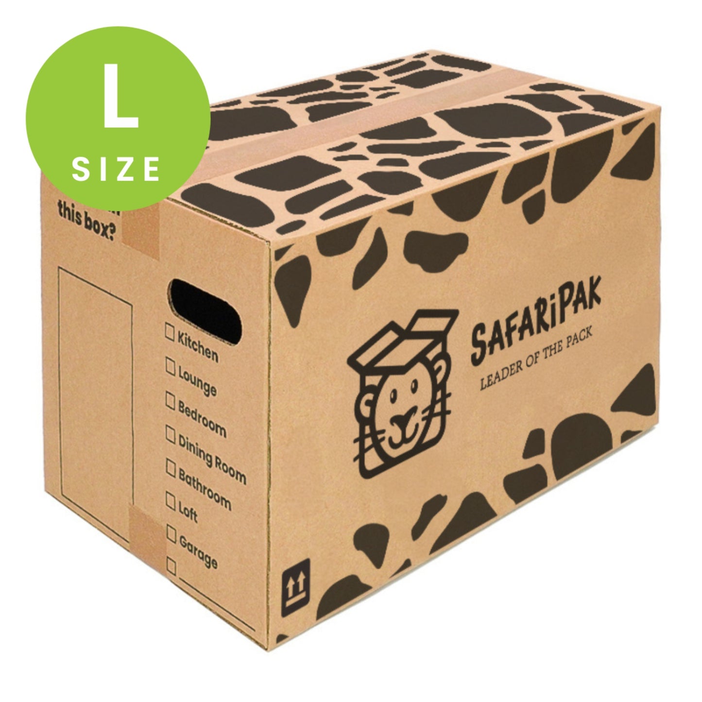Cardboard moving box with SafariPak branding and size indicator on a white background