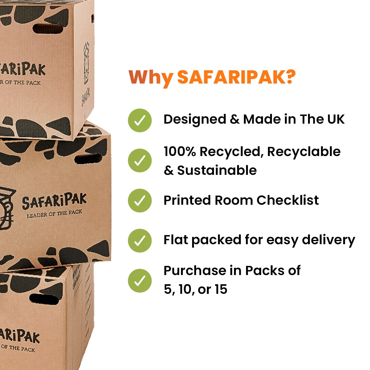 Safaripak strong cardboard moving boxes with sustainability features listed on a white background