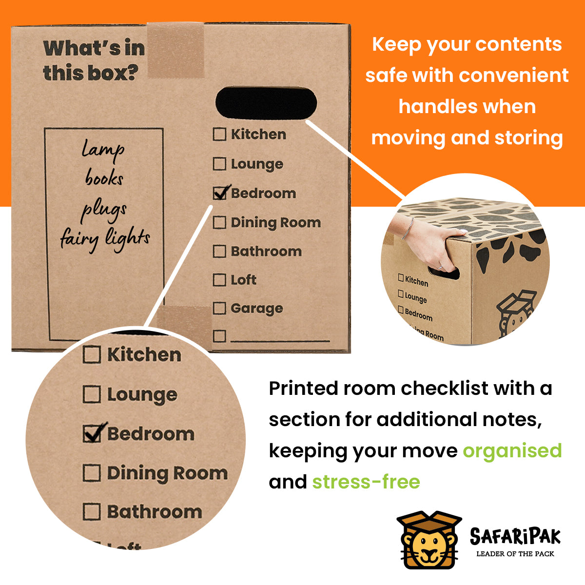 Cardboard moving box with room checklist and moving tips on an orange background, featuring SafariPak logo.