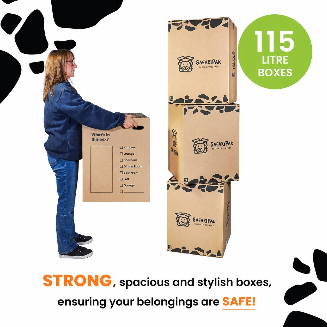 Three stacked brown cardboard moving boxes with black leaf-like graphics and the SAFARIPAK logo, alongside a woman holding a similar box. A green circle says '115 LITRE BOXES' and text at the bottom reads 'STRONG, spacious and stylish boxes, ensuring your belongings are SAFE!'.