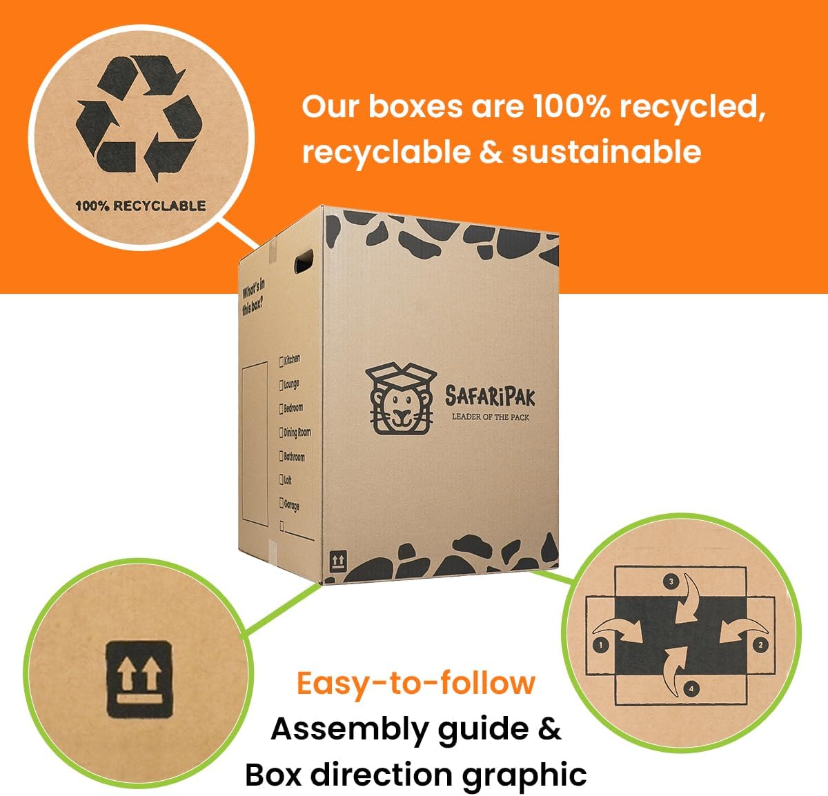 A cardboard box for packing and shipping, shown on a white background with orange promotional text and circular inset graphics explaining recycled material and assembly instructions.