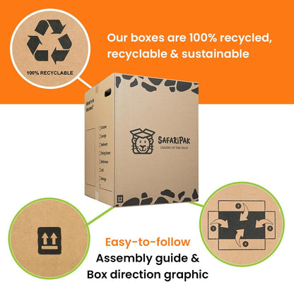 A cardboard box for packing and shipping, shown on a white background with orange promotional text and circular inset graphics explaining recycled material and assembly instructions.