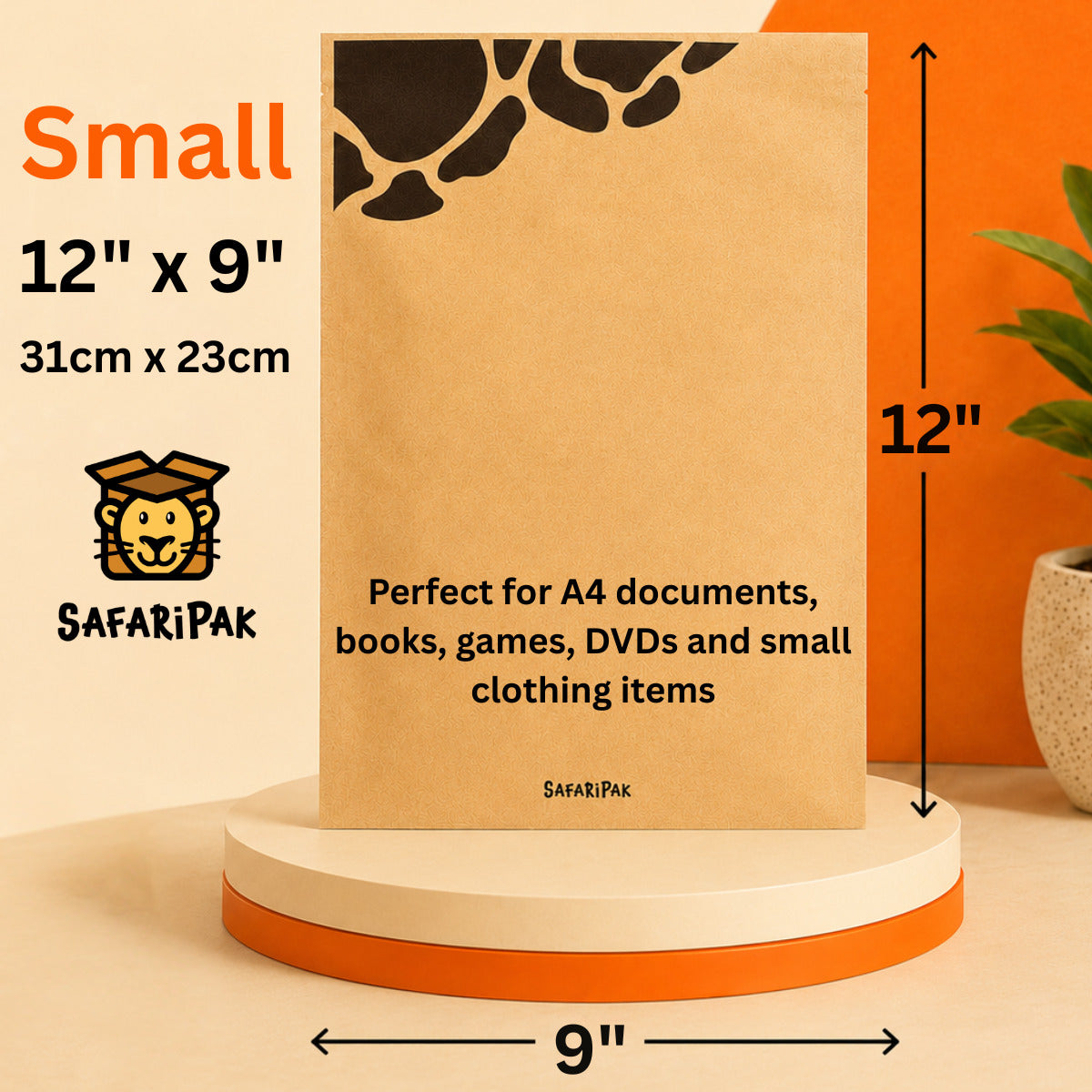 A small brown paper mailing bag , displayed on a round pedestal with dimension arrows indicating 12 inches by 9 inches. Text on the image identifies the brand as SAFARIPAK and notes it is perfect for A4 documents, books, games, DVDs, and small clothing