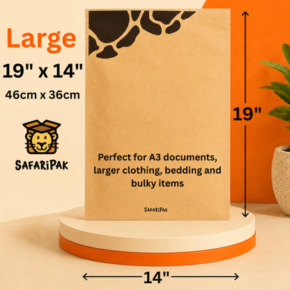 A kraft paper mailing bag SafariPak, shown standing upright on a round display base. The product is labeled as Large, with dimensions 19 x 14 inches (46 x 36 cm) shown in the image.