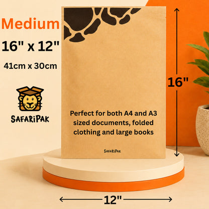 A kraft paper mailing bag oon a round pedestal with dimension arrows and text indicating medium size 16 x 12 inches. The product has a black giraffe print at the top and black text on the front.