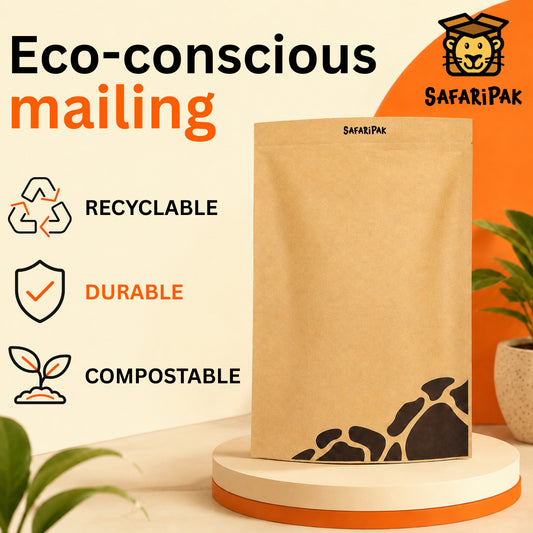 A kraft paper postage bag by SafariPak standing on a round pedestal, with marketing text and icons about recyclable, durable, and compostable packaging. The scene includes decorative plants and a warm orange-and-cream background.