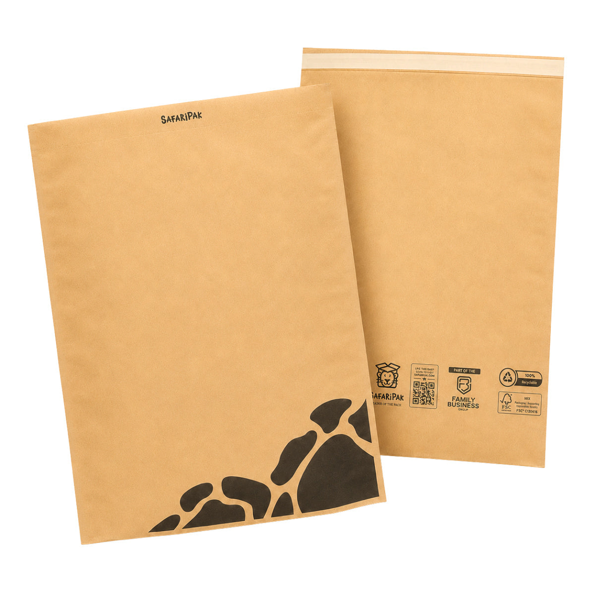 Two brown kraft paper mailers with a black giraffe print on the front, shown on a white background. One mailer features the 'SARAHPAI' brand name printed near the top, and the other displays various product certification stickers on the lower right.