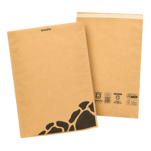 Two brown kraft paper mailers with a black giraffe print on the front, shown on a white background. One mailer features the 'SARAHPAI' brand name printed near the top, and the other displays various product certification stickers on the lower right.