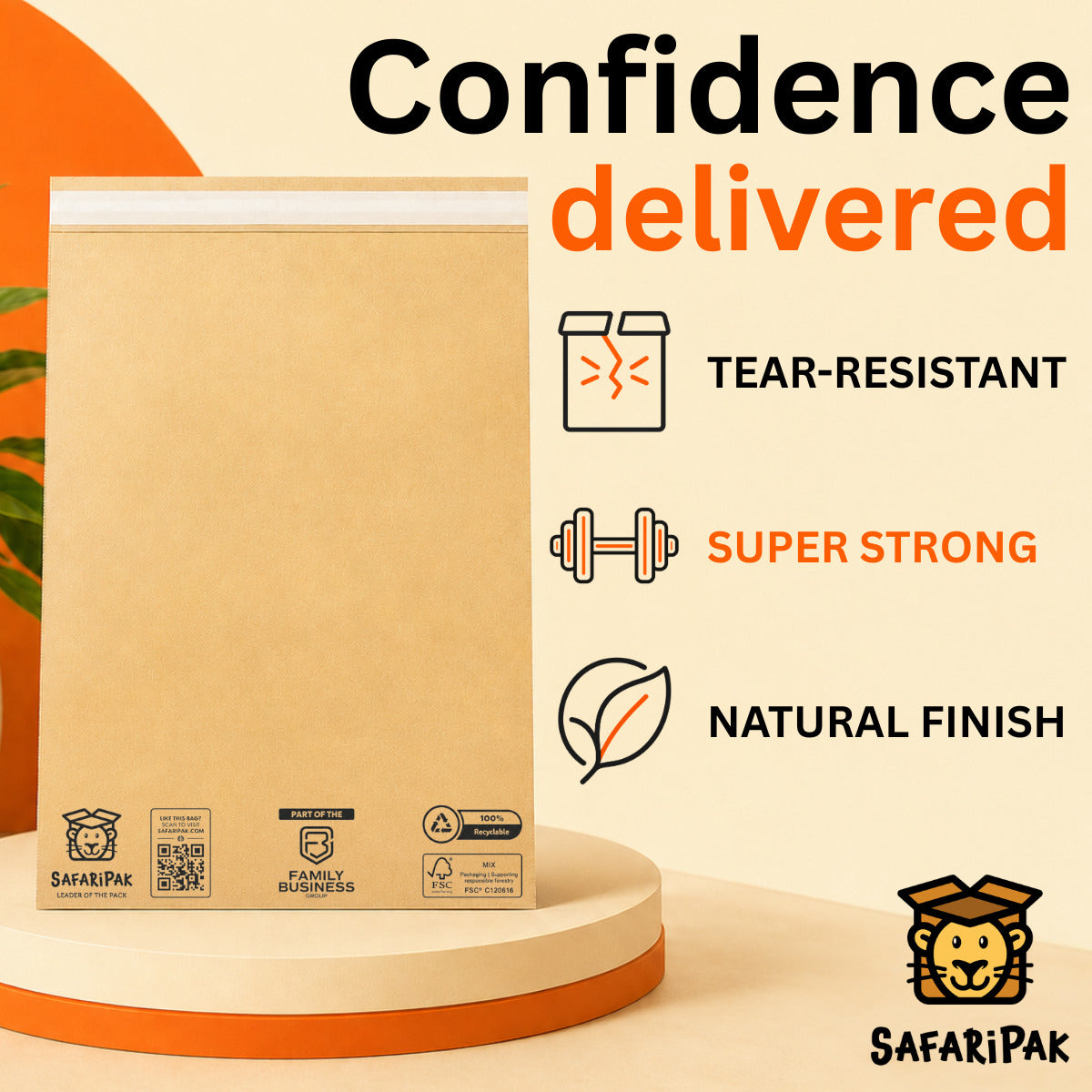 A kraft paper mailing bag displayed on a pedestal with promotional text reading 'Confidence delivered' and feature callouts including tear-resistant, super strong, and natural finish. SafariPak branding is visible.