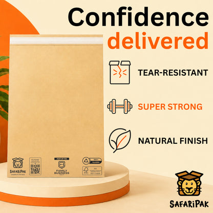 A kraft paper mailing bag displayed on a pedestal with promotional text reading 'Confidence delivered' and feature callouts including tear-resistant, super strong, and natural finish. SafariPak branding is visible.