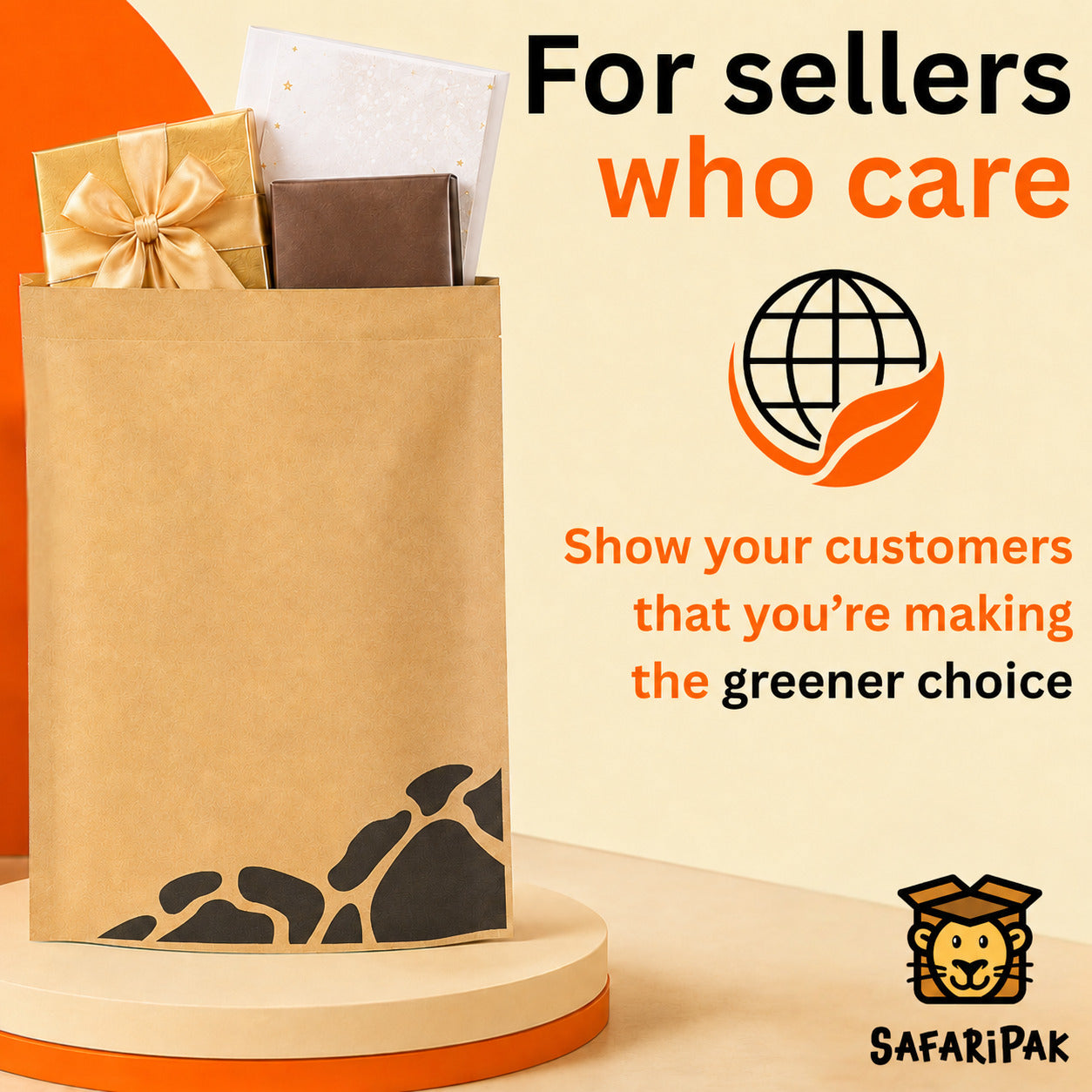 A kraft paper mailing bag with a black giraffe print near the bottom, filled with a gold gift box and a white booklet, displayed on a round pedestal. The background is cream with orange and black text reading 'For sellers who care' and a globe-with-leaf logo.