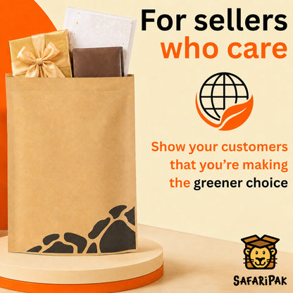 A kraft paper mailing bag with a black giraffe print near the bottom, filled with a gold gift box and a white booklet, displayed on a round pedestal. The background is cream with orange and black text reading 'For sellers who care' and a globe-with-leaf logo.