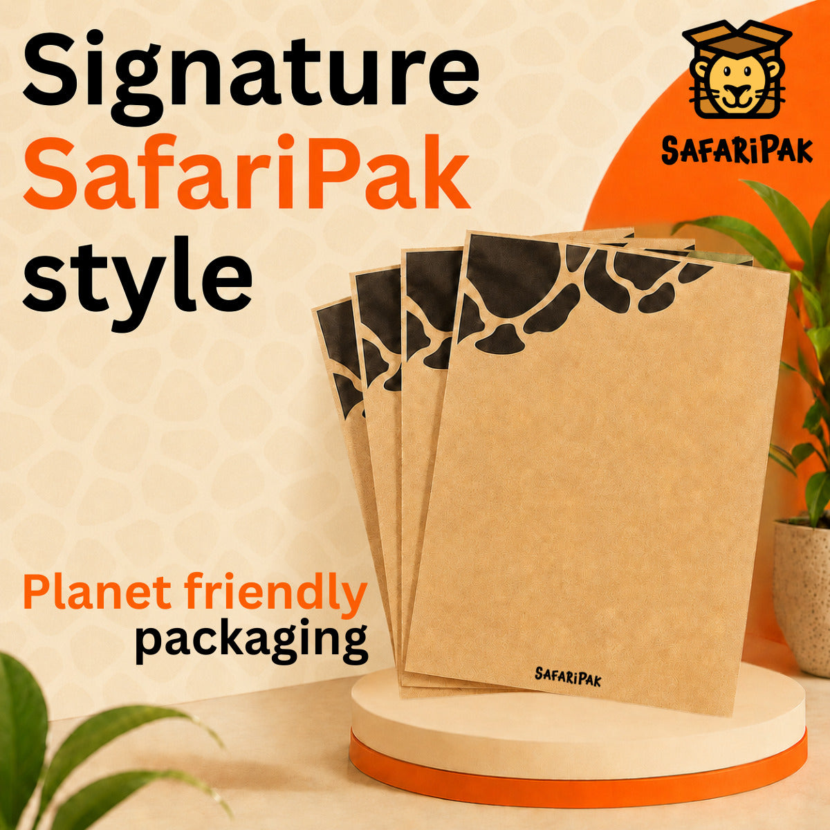 Four brown kraft paper postage bag with black giraffe print patterns on the covers are displayed on a round orange and white pedestal. The image features promotional text reading 'Signature SafariPak style' and 'Planet friendly packaging', along with the SafariPak brand logo in the top right corner.