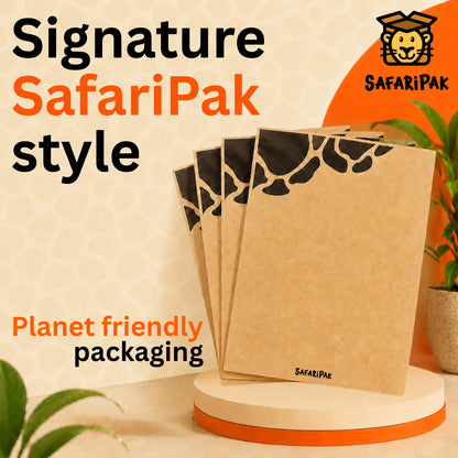Four brown kraft paper postage bag with black giraffe print patterns on the covers are displayed on a round orange and white pedestal. The image features promotional text reading 'Signature SafariPak style' and 'Planet friendly packaging', along with the SafariPak brand logo in the top right corner.