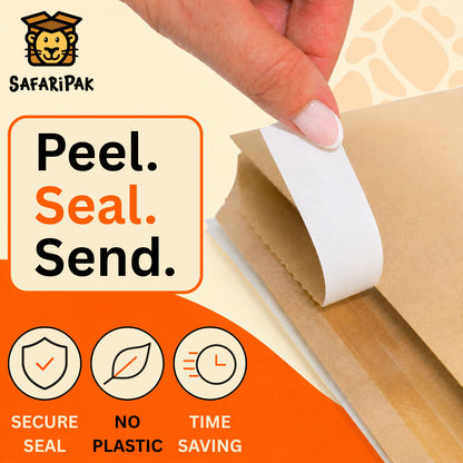 A hand peeling a white protective seal from a brown kraft paper mailer envelope, with the text 'Peel. Seal.