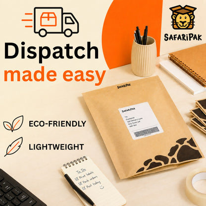 A flat-lay promotional graphic for SafariPak shipping packaging, showing a kraft paper mailer envelope with a white shipping label on a desk. The image includes text reading 'Dispatch made easy,' 'Eco-friendly' with leaf icons, 'Lightweight' with feather icons, and the SafariPak logo in the top right.