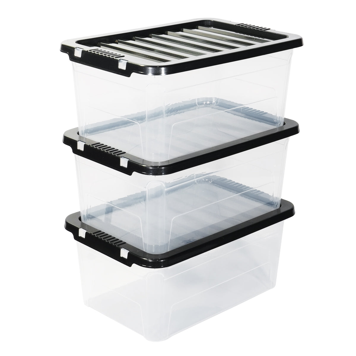 Stack of three clear 45l plastic storage containers with black lids on a white background