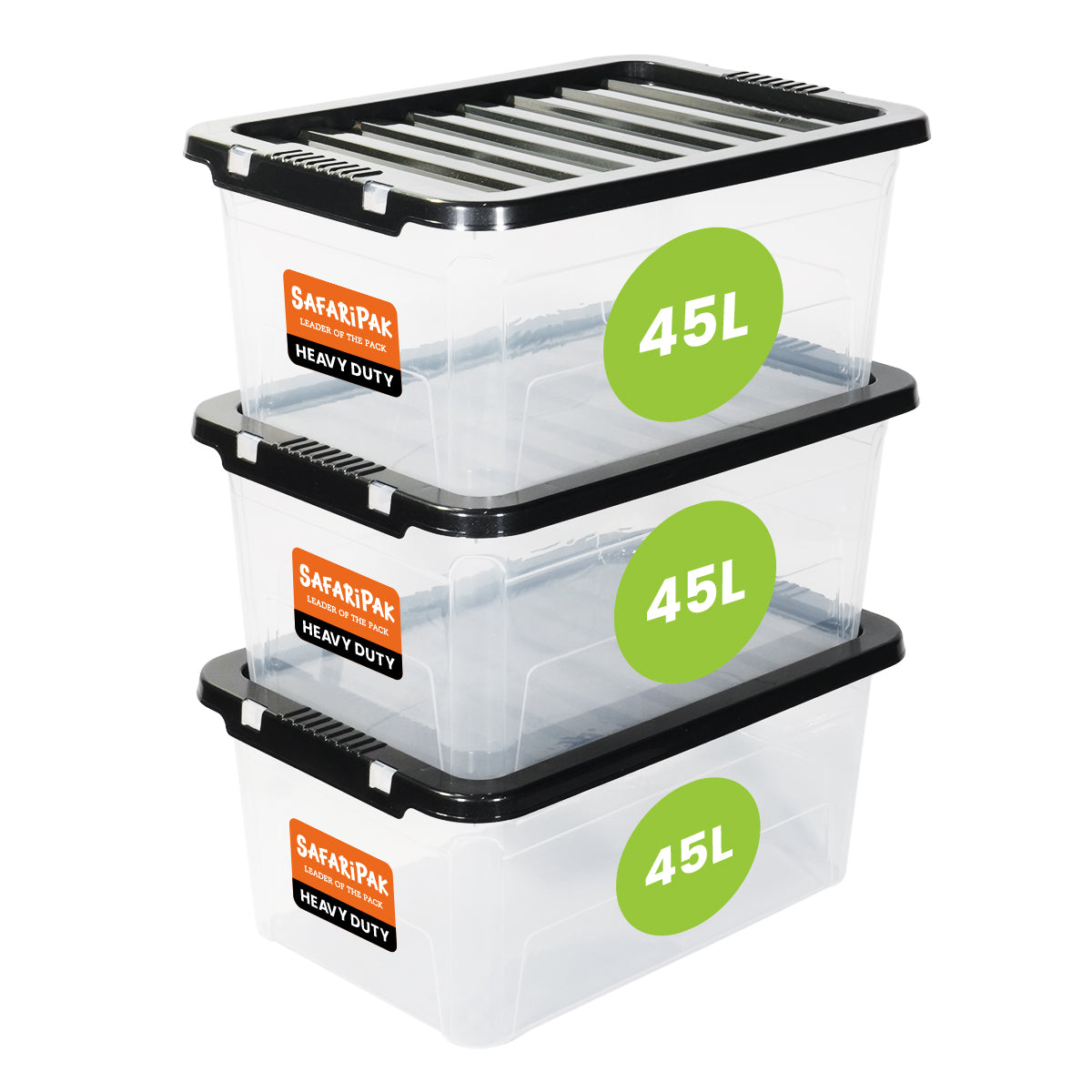 Three stacked plastic storage boxes with 'Safaripak' branding and 45L capacity labels on a white background.