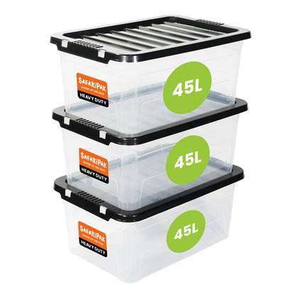 Three stacked plastic storage boxes with 'Safaripak' branding and 45L capacity labels on a white background.