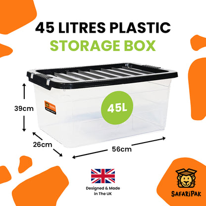 45 litres plastic storage box with dimensions and SafariPak branding on a white background.