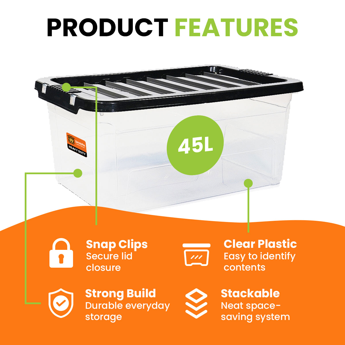 Storage container with features highlighted on a white background