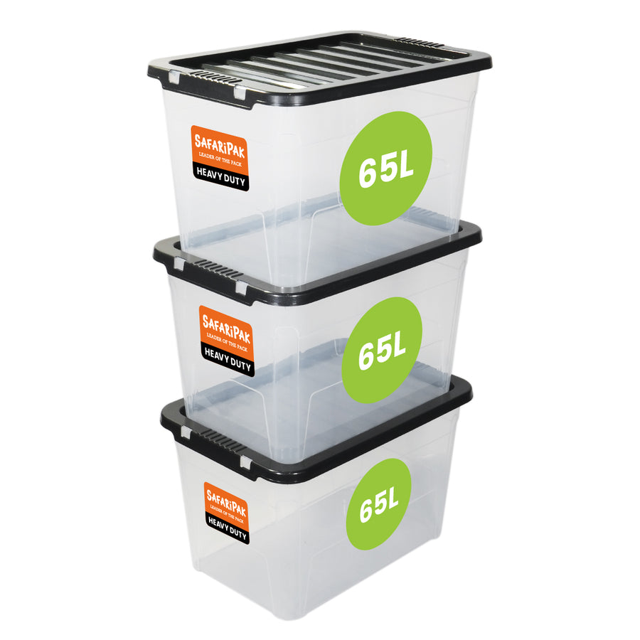 3 x 65L Stackable Plastic Storage Boxes with Lids