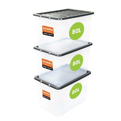 3 x 80L Stackable Plastic Storage Boxes with Lids