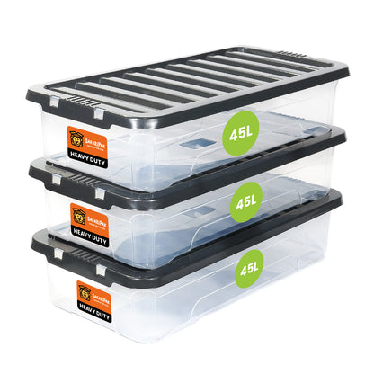 3 x 45L Underbed Stackable Plastic Storage Boxes with Lids