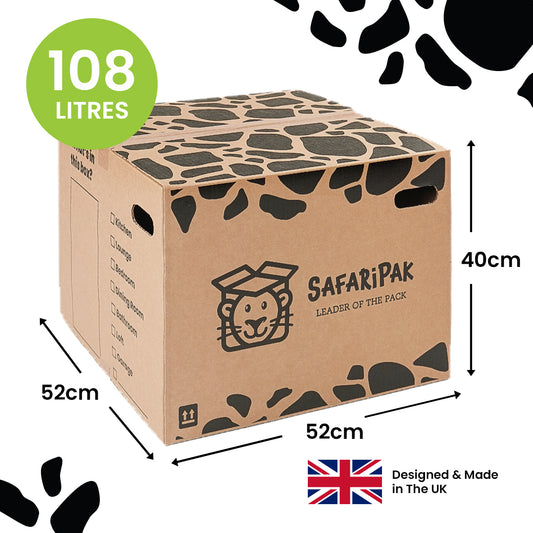 Cardboard box with 'SafariPak' branding and dimensions on a white background