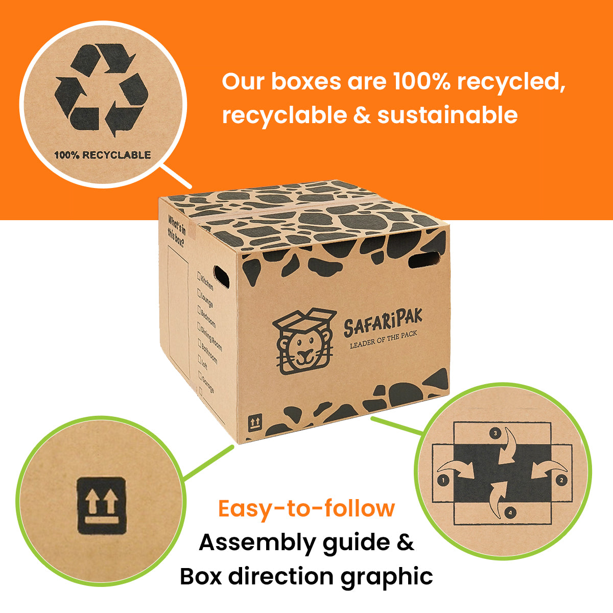 Cardboard box with SafariPak branding, recycling symbols, and assembly instructions on an orange background.