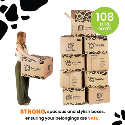 Woman lifting a cardboard box with 'SafariPak' branding, surrounded by stacked boxes, on a white background.