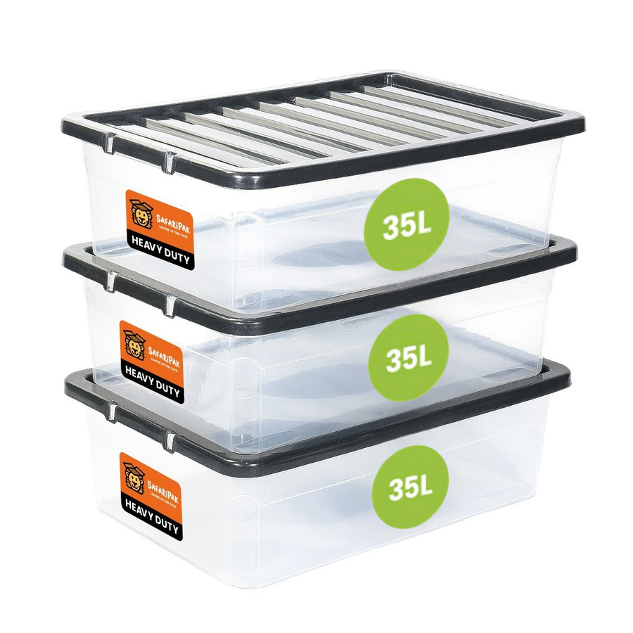 3 x 35L Underbed Stackable Plastic Storage Boxes with Lids
