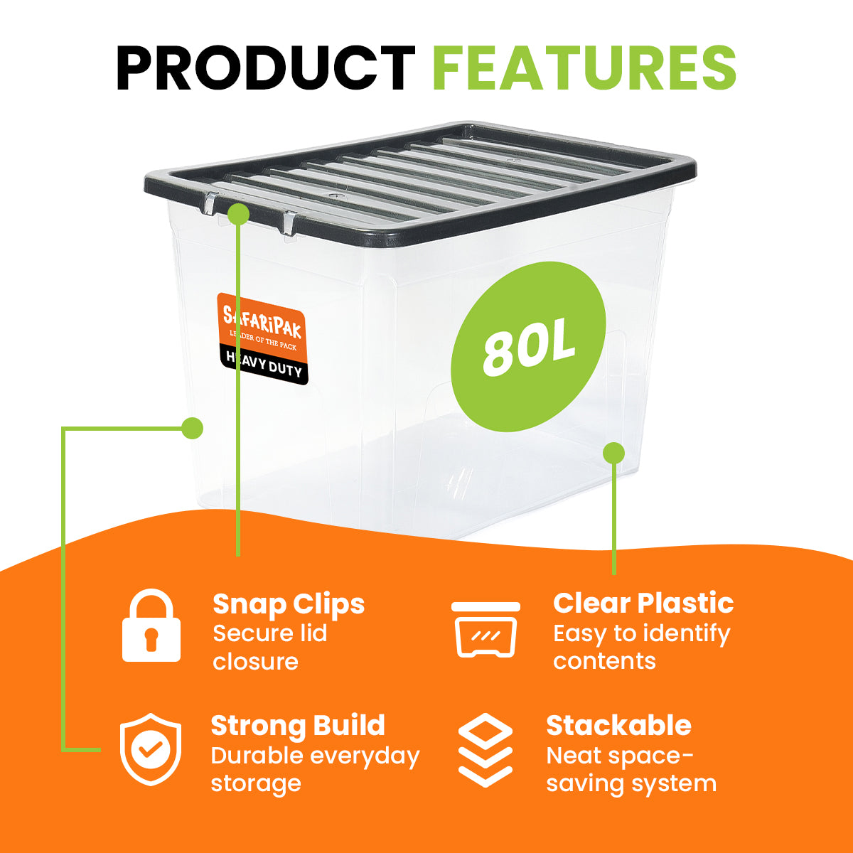 3 x 80L Stackable Plastic Storage Boxes with Lids