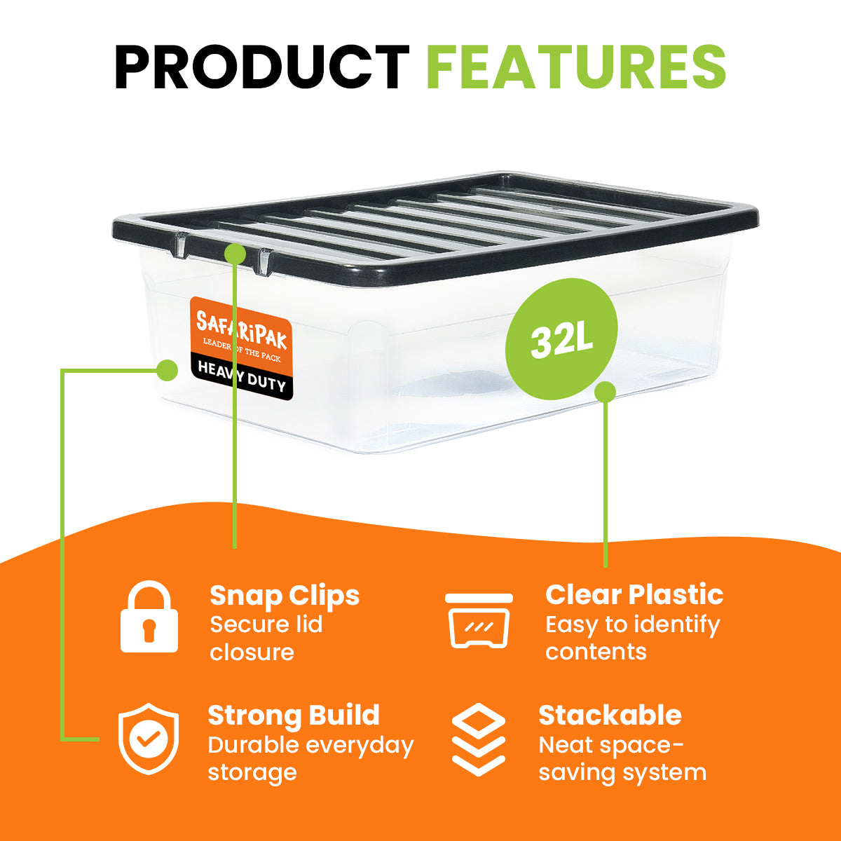 3 x 32L Underbed Stackable Plastic Storage Boxes with Lids