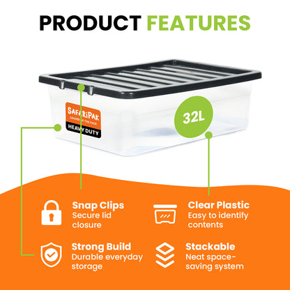 3 x 32L Underbed Stackable Plastic Storage Boxes with Lids