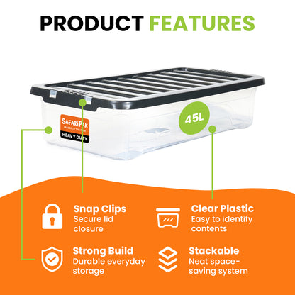 3 x 45L Underbed Stackable Plastic Storage Boxes with Lids