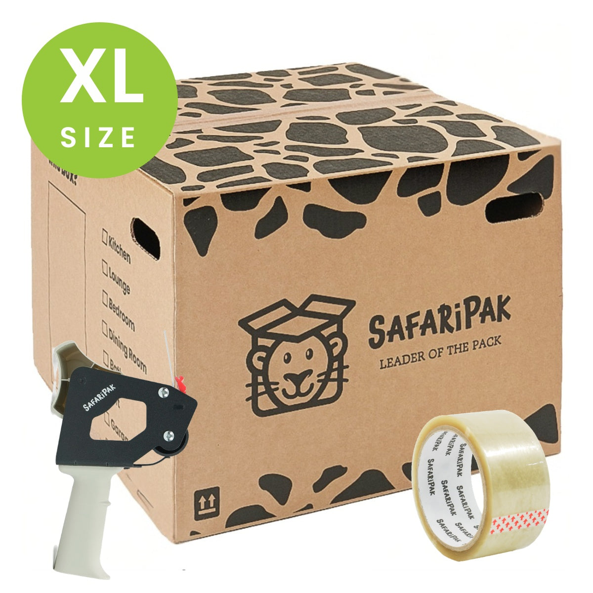 XL xardboard moving box with animal print, tape dispenser, and roll of tape, branded as SafariPak.